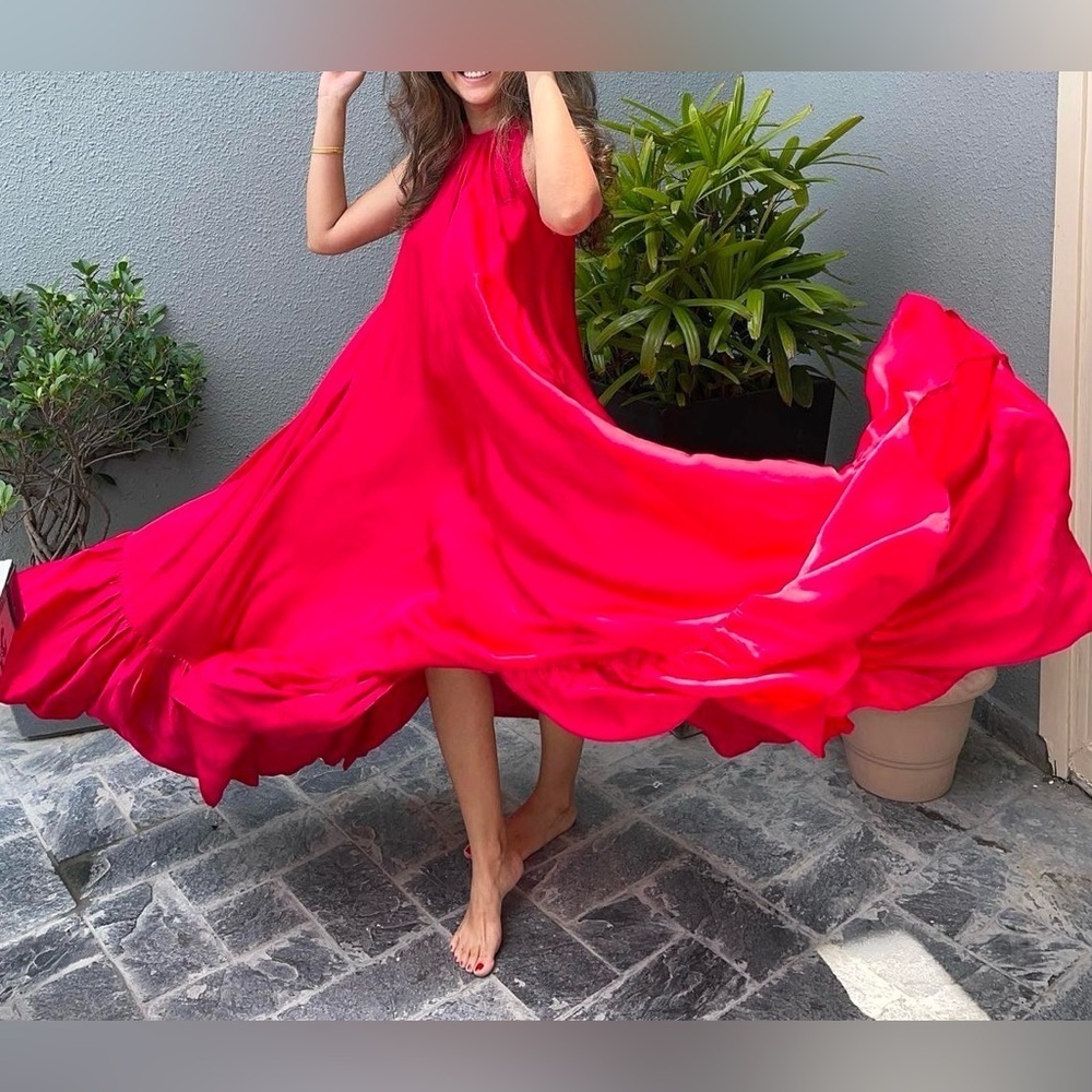 Red satin maxi dress with ruffle bottom. Size M. Unlined. Worn only once. - Picture 2 of 4